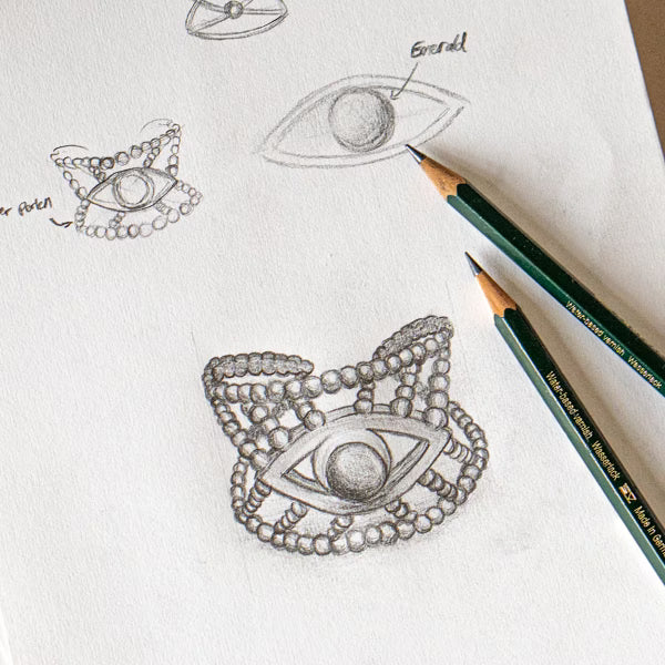 Künstlerische Bleistiftskizze des Intuition-Rings von ILUH Jewelry mit detaillierter Darstellung des Smaragd-Besatzes und der filigranen Perlenverzierung. Eine Momentaufnahme aus dem Designprozess unseres in Bali handgefertigten Silberschmucks.
