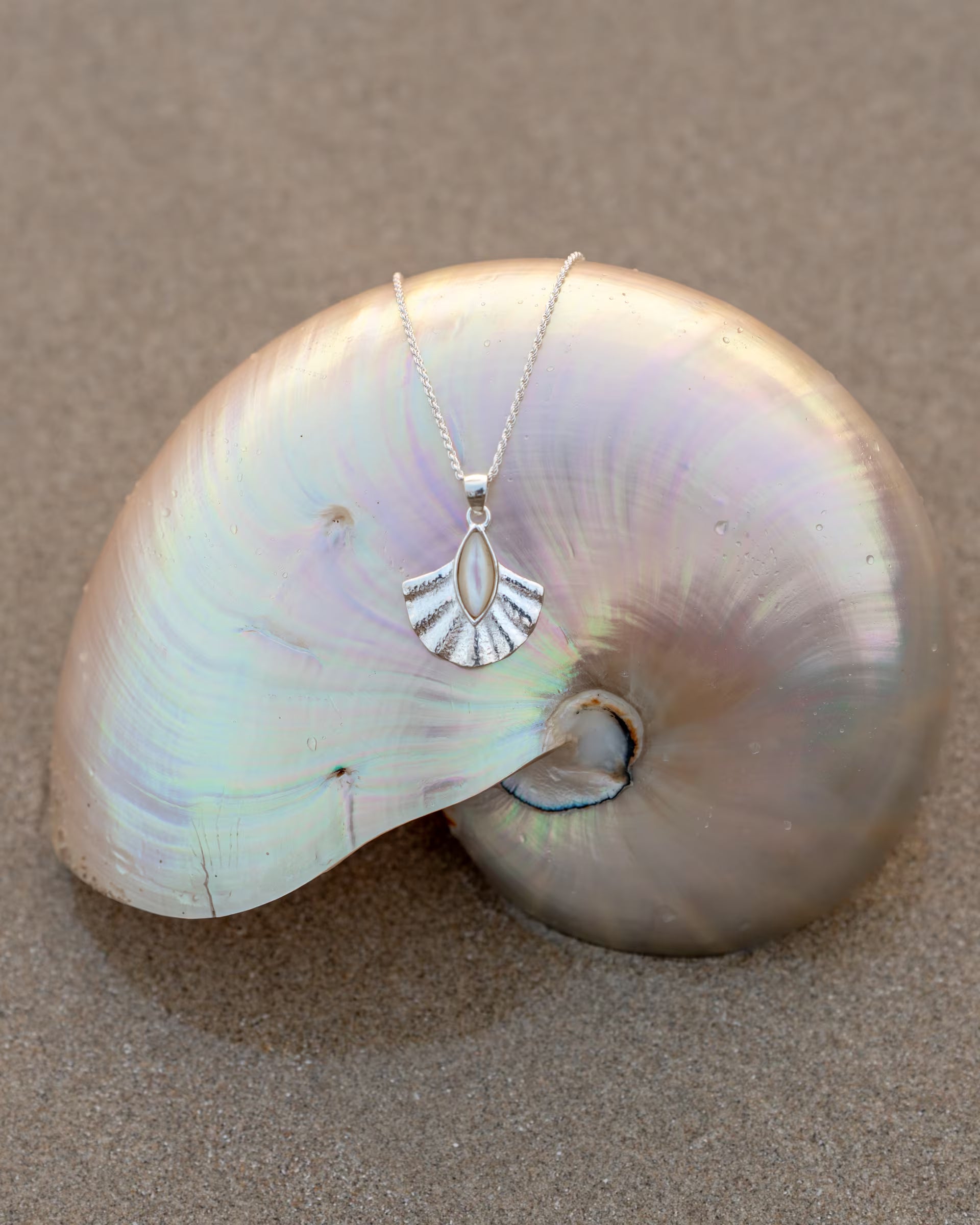 ALUN SHELL PERLMUTT KETTE, silberne Halskette von ILUH, handgefertigt auf Bali – Elegantes Produktfoto im maritimen Beach-Look von einer feinen Halskette aus 925er Silber mit einem fächerförmigen Anhänger aus weißem Perlmutt, die dekorativ über eine große, schimmernde Nautilus-Muschel auf dem Sandstrand drapiert ist.