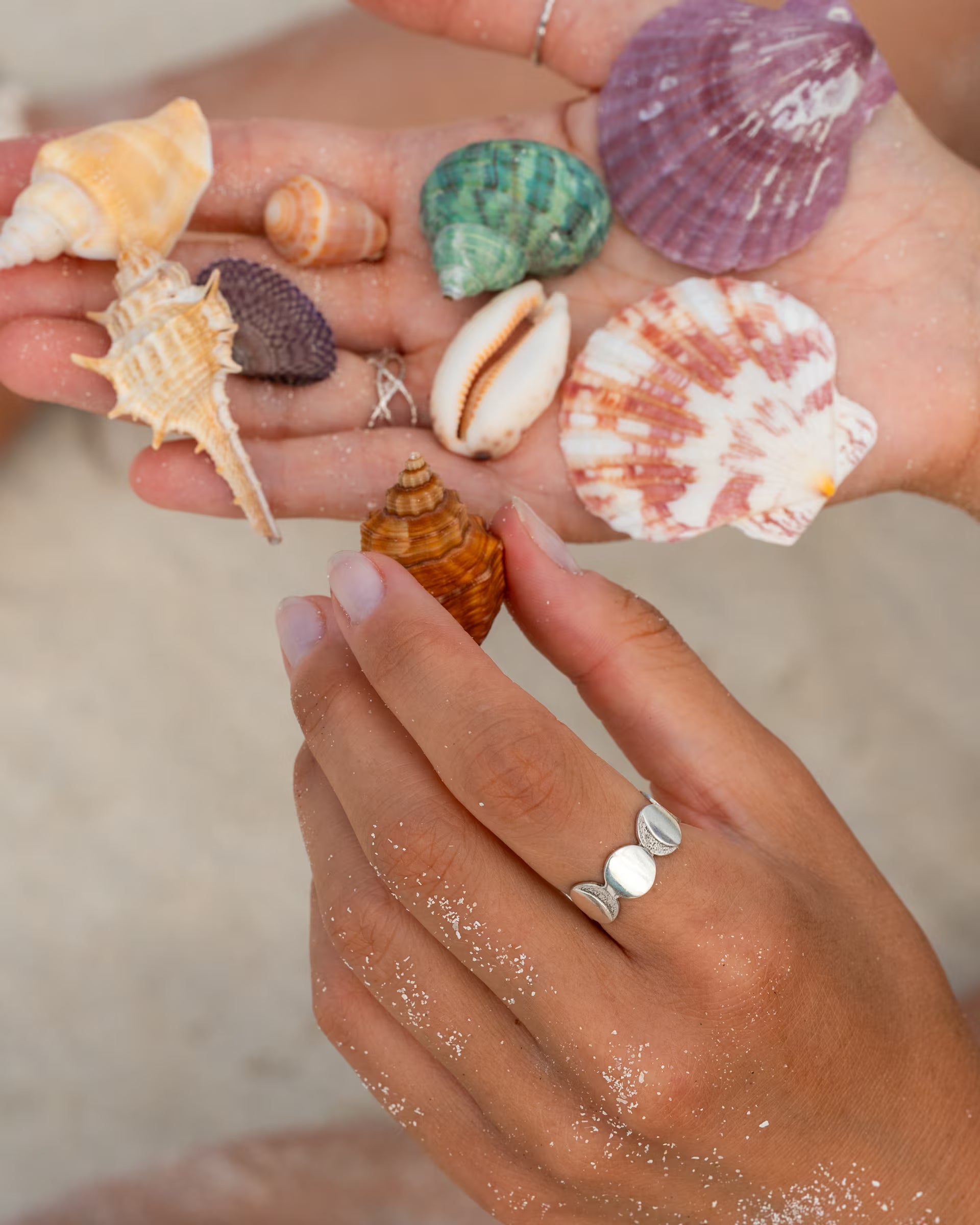 CHANDRA MOONPHASES RING SILBER, silberner Schmuck von ILUH, handgefertigt auf Bali – Detailreiche Nahaufnahme im maritimen Beach-Look von zwei Händen am Strand, wobei eine Hand eine bunte Auswahl an verschiedenen Muscheln präsentiert und die andere Hand den filigranen Ring aus 925er Silber mit drei detailliert geprägten Mondphasen-Plättchen zeigt.