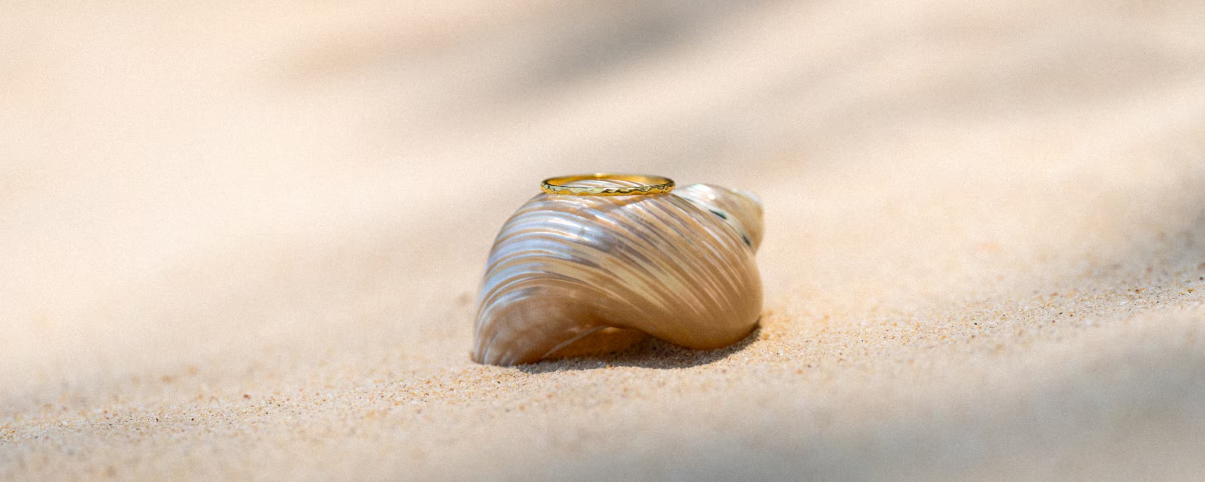 Detailaufnahme eines feinen, goldenen Rings von ILUH, der ästhetisch auf einer glänzenden Muschel im hellen Sand platziert ist. Das warme, natürliche Licht betont die filigrane Textur des Schmuckstücks und unterstreicht die harmonische, von der Natur inspirierte Ästhetik. Dieses Bild verkörpert den nachhaltigen Beach-Lifestyle der Marke, deren fair in Bali handgefertigter Silberschmuck aus recyceltem 925 Sterling Silber und 18k Echtgold für zeitlose, spirituelle Eleganz steht.
