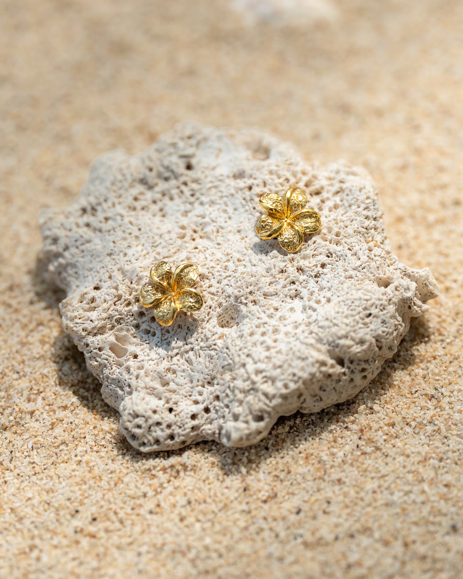 Produktfoto im maritimen Beach-Look von den auf Bali handgefertigten goldenen FRANGIPANI OHRSTECKERN in Form einer detailreichen, strukturierten Frangipani-Blüte aus 18k vergoldetem 925er Silber von der Schmuckmarke ILUH, elegant platziert auf einer hellen Koralle im feinen Strandsand.