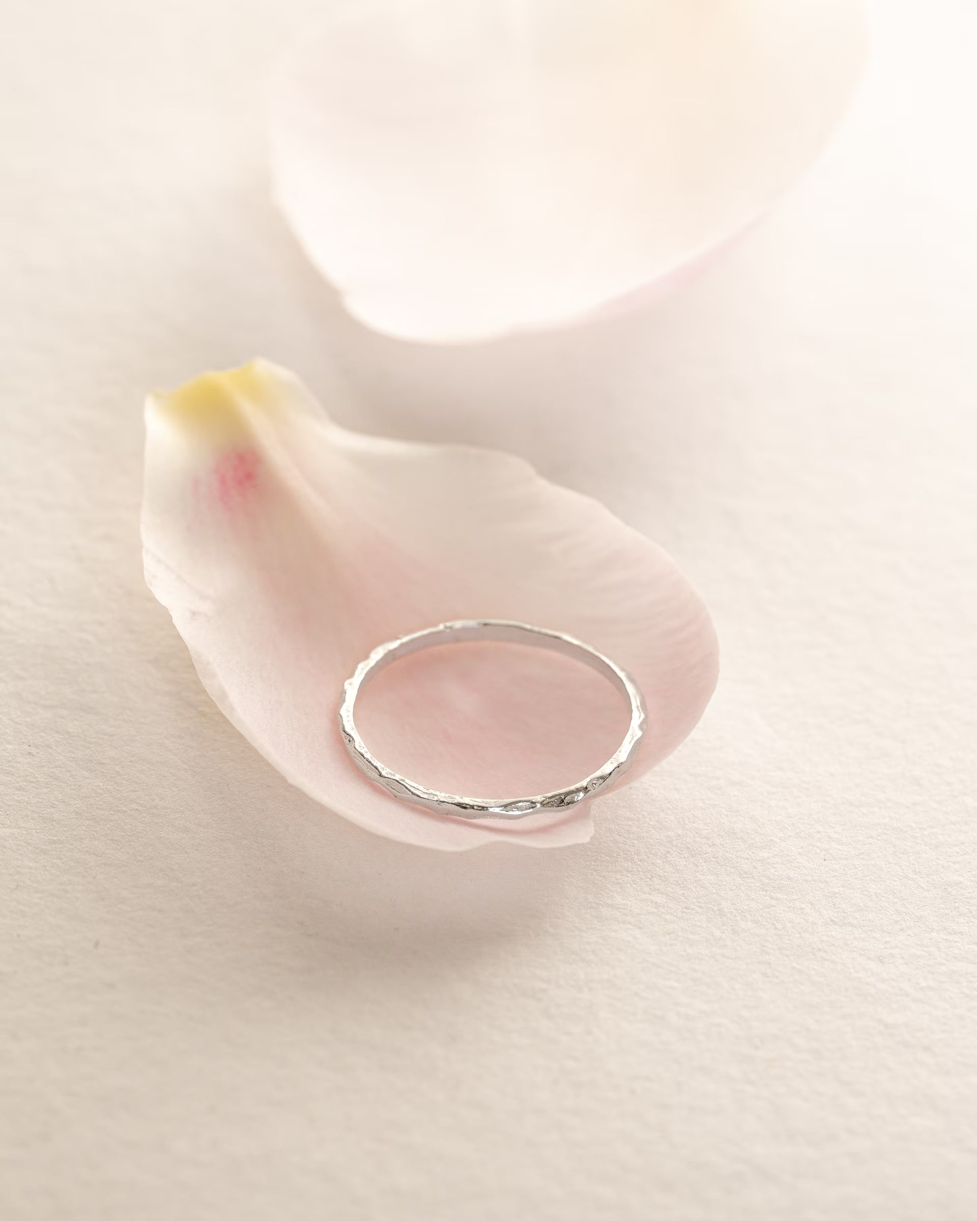 SARI HAMMERED RING SILBER, schmaler silberner Ring von ILUH, handgefertigt auf Bali – Elegantes Produktfoto im zarten, romantischen Look von einem sehr schmalen, filigranen Ring aus 925er Silber mit einer feinen gehämmerten Struktur, der dekorativ auf einem hellen, zartrosa Blütenblatt vor neutralem Untergrund präsentiert wird.