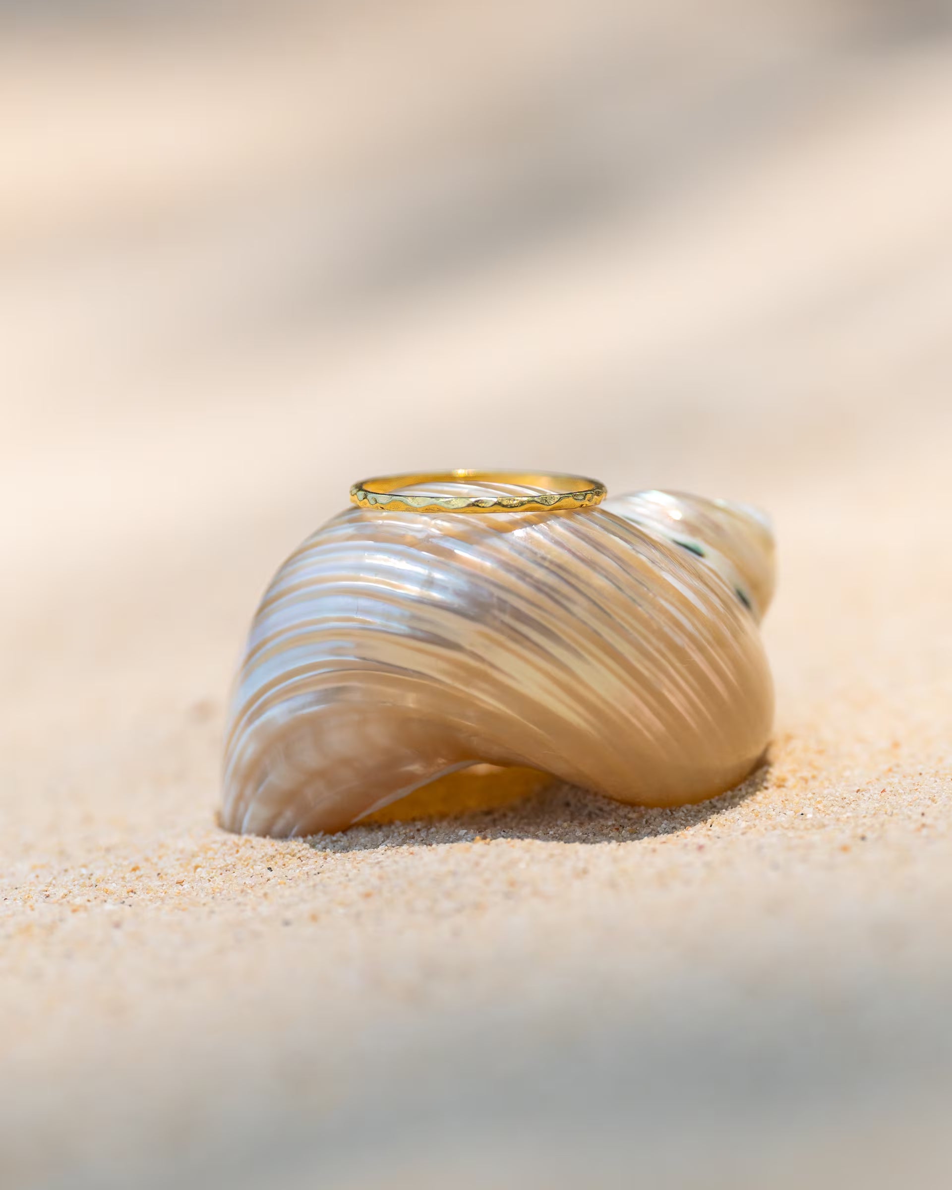Produktfoto im minimalistischen Beach-Look von dem auf Bali handgefertigten goldenen, gehämmerten SARI RING aus feinem, 18k vergoldetem 925er Silber von der Schmuckmarke ILUH, der elegant auf der Spitze einer schimmernden, beigefarbenen Strandschnecke im weichen Sand ruht.