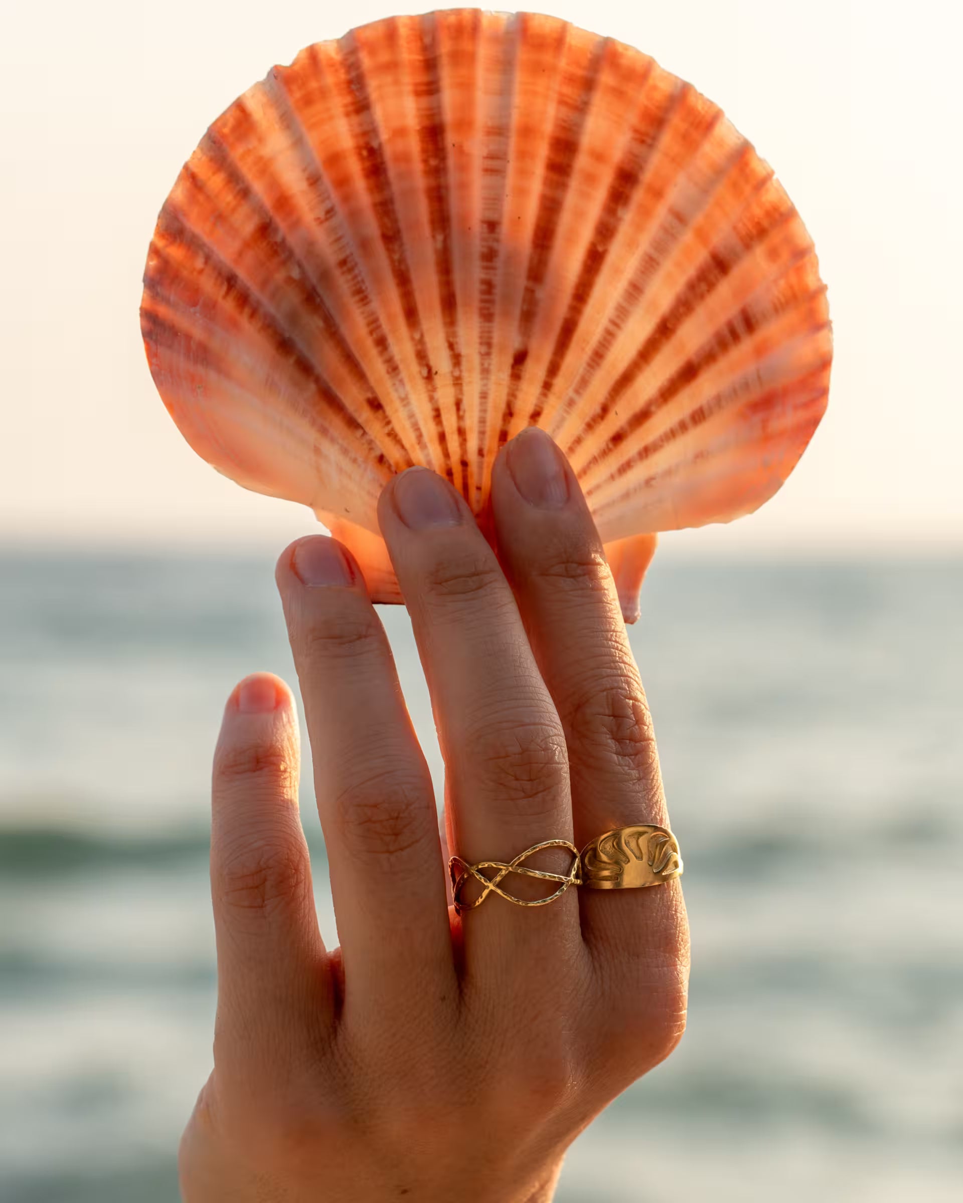 Handgefertigter ARUNA sunrise Ring und LOTUS Ring aus 18k vergoldetem 925er Silber vom JEWELRY LABEL ILUH, getragen an einer Hand, die eine große Muschel vor dem Meer hält.